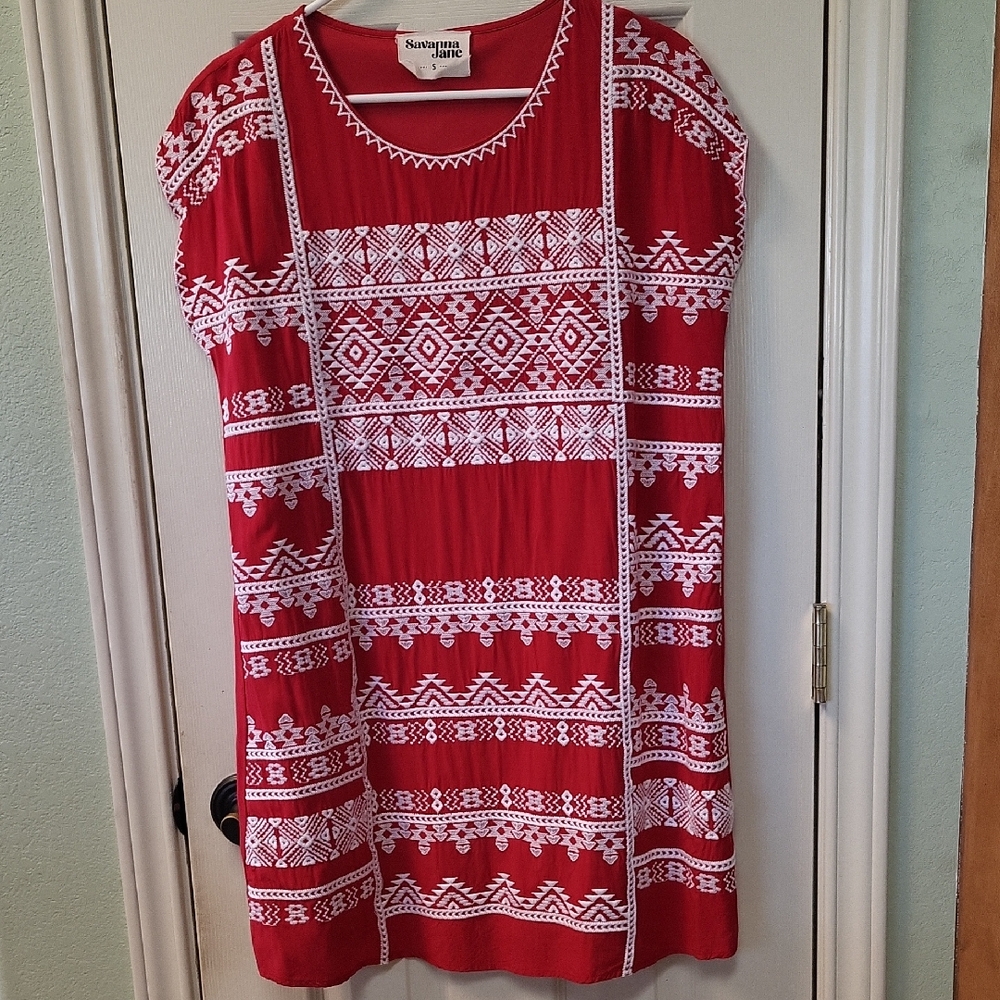 Santavana Red Embroidered Pattern Shift Dress